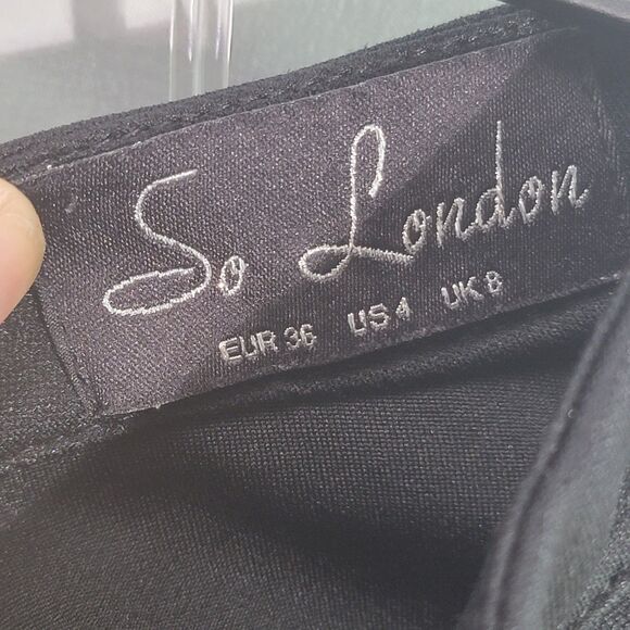 So London Sexy Black Blouse Asymmetrical Ruffle Cap Sleeve Peplum Women's Size 4 - Picture 4 of 8